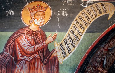 A bizánci freskó a 15. századból (részlet) Dávid első király és próféta falfestmény Michael arkangyal templom Pedoulasban Ciprus Festett templomok UNESCO-hely Troodos, Ciprus alkotó: Unknown